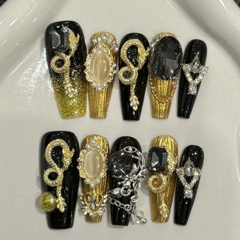 10pcs Punk Style Handmade Fake Nails Y2k Black Sliver Metal Chain Decors Press On Nails Medium Coffin Detachable Manicure Art