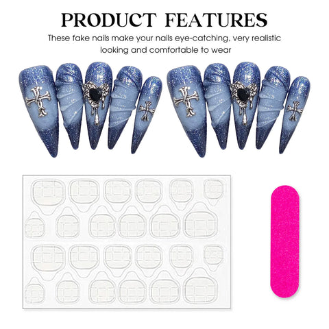 10pcs Flash Blue Press On Nails Handmade Long Stiletto False Nail Tips With Metal Heart 3D Water Ripple Designs Fake Nail Art