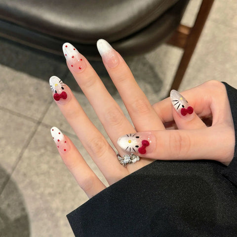 10pcs Hand-painted Cat's Eye Press On Nails Kawaii Cat 3D Bowknots Decor False Nails Glossy Almond Simple Charming Fake Nail Tip