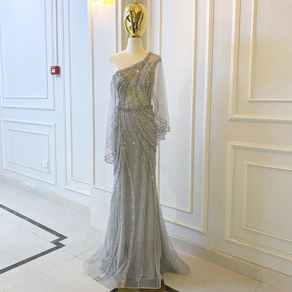 Luxury Grey One Shouder Evening Dresses Gowns Mermaid Beaded Elegant For Women Party Serene Hill LA71518