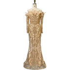 Luxuriöses grünes Abendkleid mit langen Ärmeln, Federn und Perlen aus Dubai