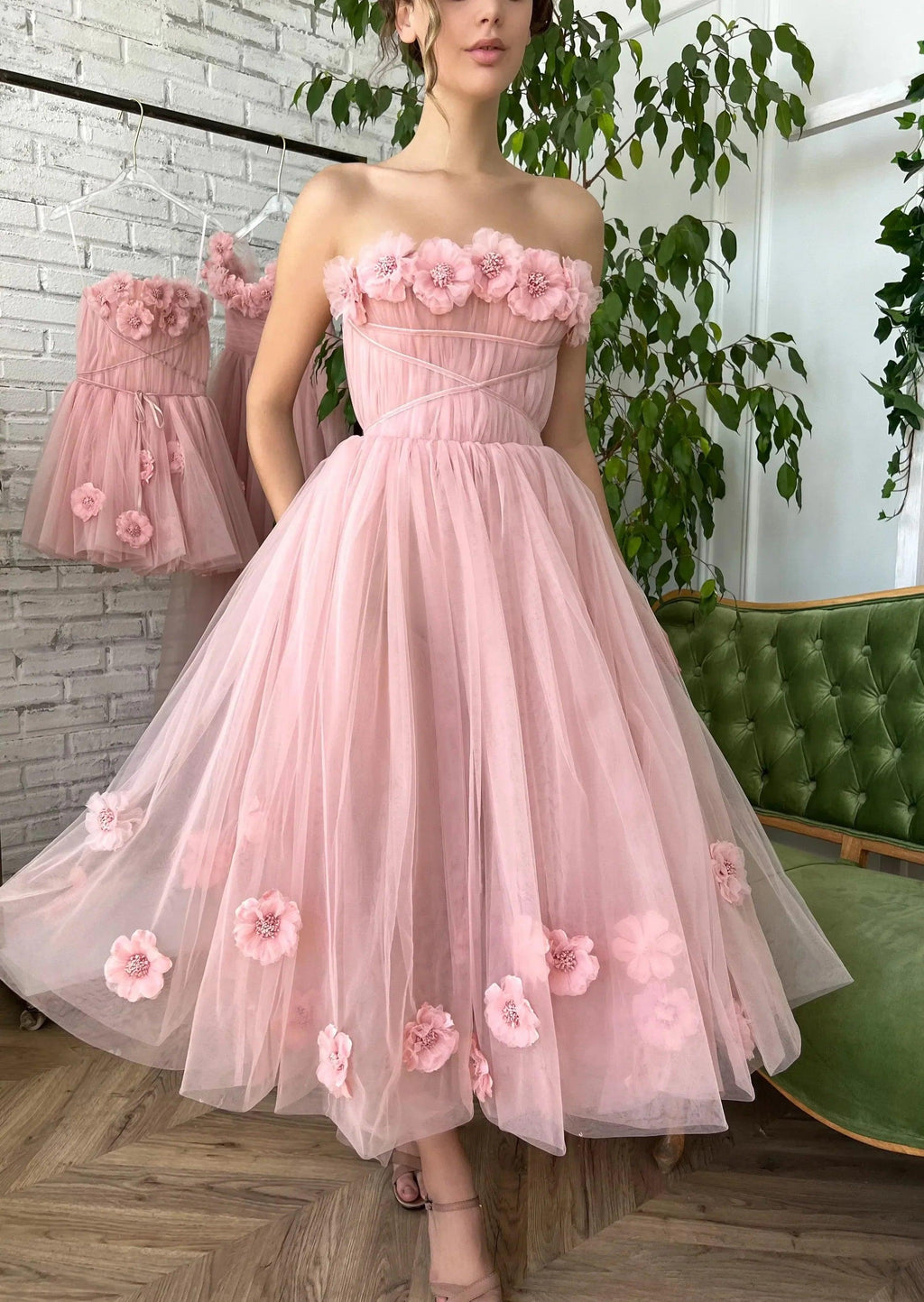 Vestido de novia de jardín rosa sin tirantes NumberSea para mujer, vestido de novia de playa con encaje y flores 2025 