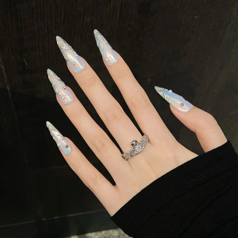 10pcs Handmade Press On Nails Aurora Short T & Long Stiletto Shape Fake Nail Set Silver Metal Designs Spicy Girl False Nail