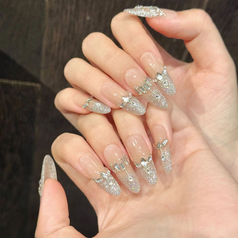 10pcs Flash Sequins French Tip Press On Nails Blush Long Almond Glitter Diamond Decor Handmade Fake Nail Light Luxury False Nail