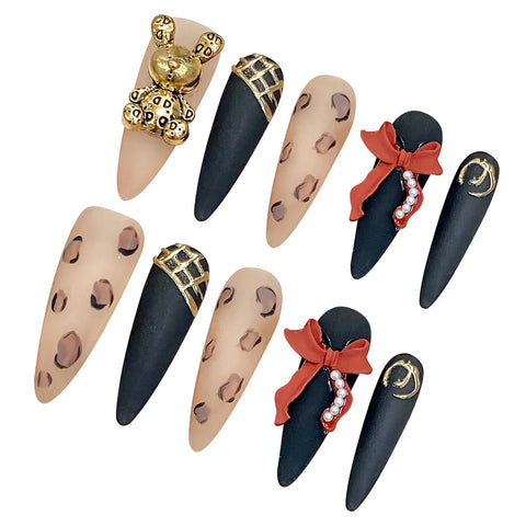 10pcs Leopard Print Press On Nails Gold Bear 3D Red Bowknot Baroque Handmade Fake Nail Heavy Luxury Long Stiletto False Nail Tip