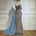 Luxuriöses arabisch-blaues One-Shoulder-Abendkleid aus Dubai mit seitlichem Überrock und Perlen für Damenparty LA72662