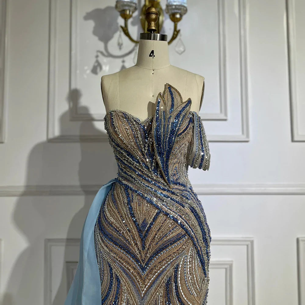 Lujoso vestido de noche árabe azul de Dubái de un solo hombro con sobrefalda lateral y pedrería para fiesta de mujer LA72662