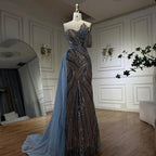 Luxuriöses arabisch-blaues One-Shoulder-Abendkleid aus Dubai mit seitlichem Überrock und Perlen für Damenparty LA72662
