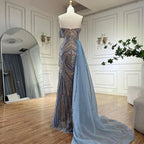 Luxuriöses arabisch-blaues One-Shoulder-Abendkleid aus Dubai mit seitlichem Überrock und Perlen für Damenparty LA72662
