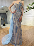 Luxuriöses arabisch-blaues One-Shoulder-Abendkleid aus Dubai mit seitlichem Überrock und Perlen für Damenparty LA72662