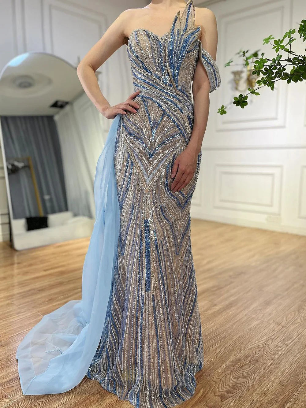 Lujoso vestido de noche árabe azul de Dubái de un solo hombro con sobrefalda lateral y pedrería para fiesta de mujer LA72662