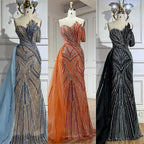 Luxuriöses arabisch-blaues One-Shoulder-Abendkleid aus Dubai mit seitlichem Überrock und Perlen für Damenparty LA72662