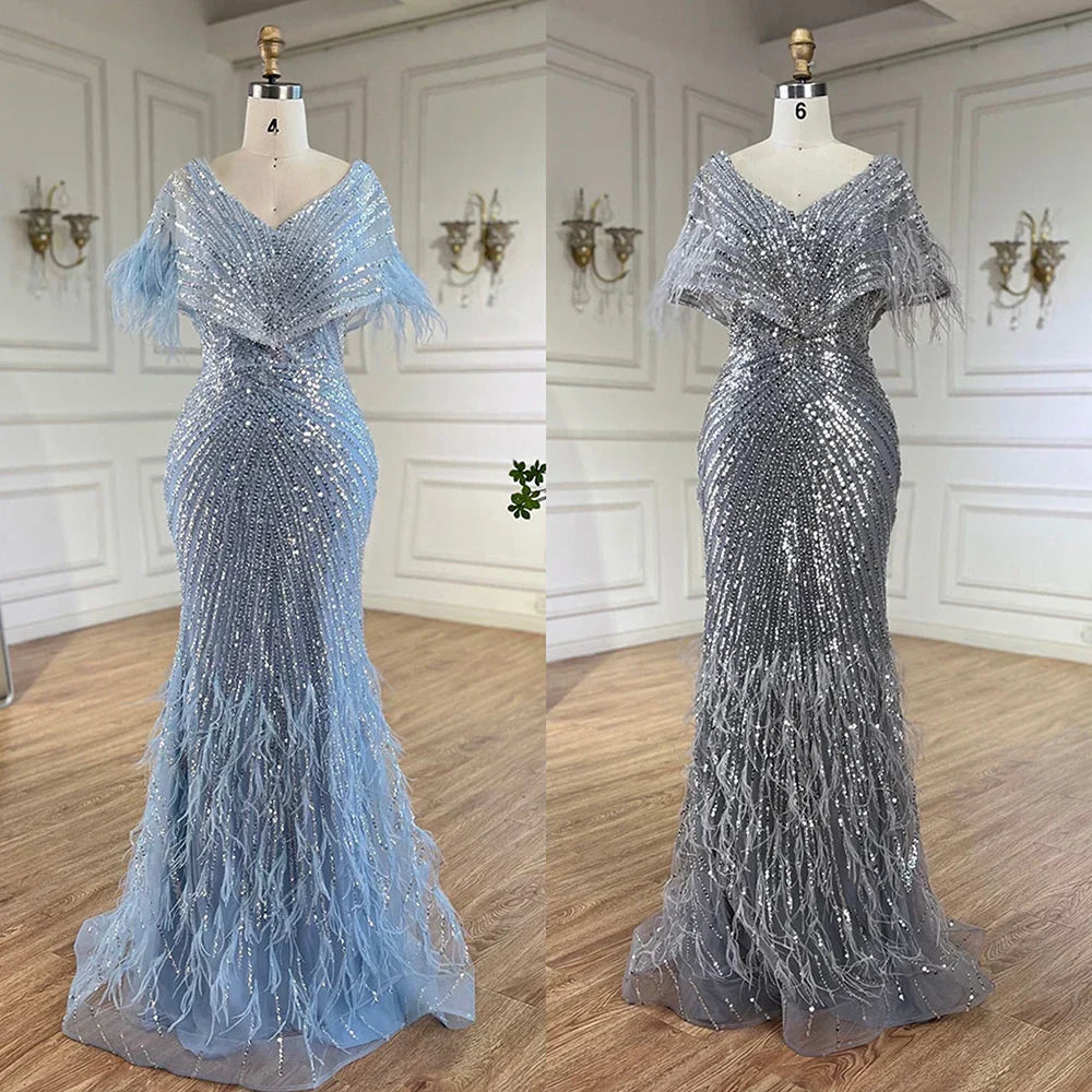 Luxuriöses arabisches Meerjungfrauen-Abendkleid in Rot mit Federn und Perlenbesatz