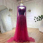Serene Hill 2024 Arabic Fuchsia Cape Sleeves A Line Beaded Evening Dresses Long Celebrity Gowns for Woman Wedding Party LA72433