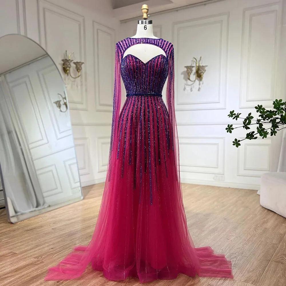 Serene Hill 2024 Arabic Fuchsia Cape Sleeves A Line Beaded Evening Dresses Long Celebrity Gowns for Woman Wedding Party LA72433