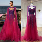 Serene Hill 2024 Arabic Fuchsia Cape Sleeves A Line Beaded Evening Dresses Long Celebrity Gowns for Woman Wedding Party LA72433