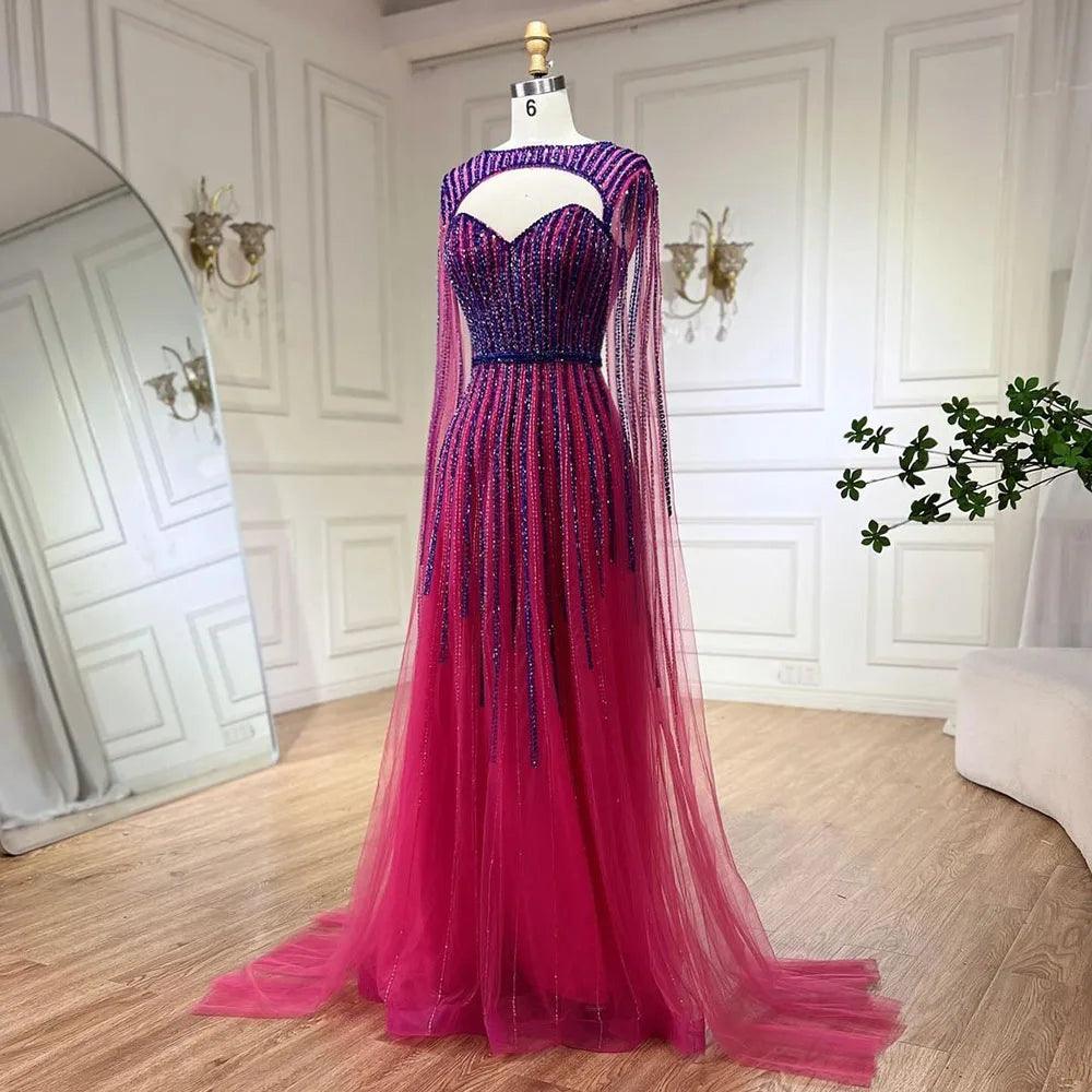 Serene Hill 2024 Arabic Fuchsia Cape Sleeves A Line Beaded Evening Dresses Long Celebrity Gowns for Woman Wedding Party LA72433