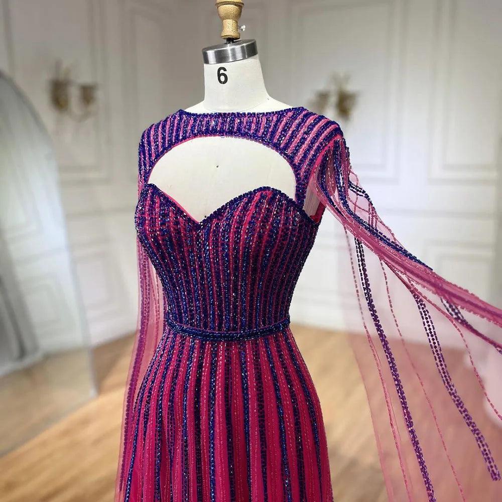 Serene Hill 2024 Arabic Fuchsia Cape Sleeves A Line Beaded Evening Dresses Long Celebrity Gowns for Woman Wedding Party LA72433