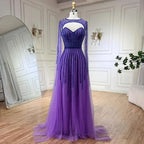 Serene Hill 2024 Arabic Fuchsia Cape Sleeves A Line Beaded Evening Dresses Long Celebrity Gowns for Woman Wedding Party LA72433