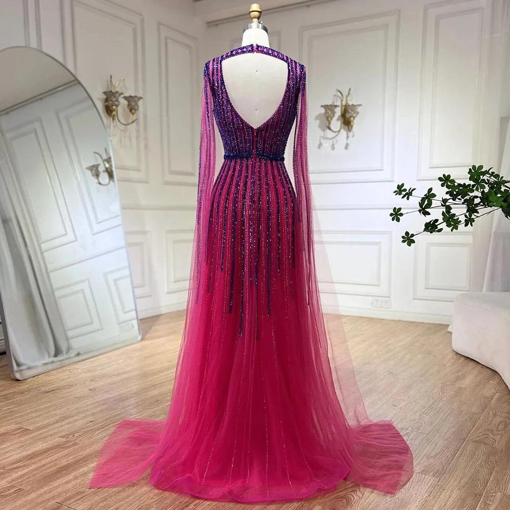 Serene Hill 2024 Arabic Fuchsia Cape Sleeves A Line Beaded Evening Dresses Long Celebrity Gowns for Woman Wedding Party LA72433