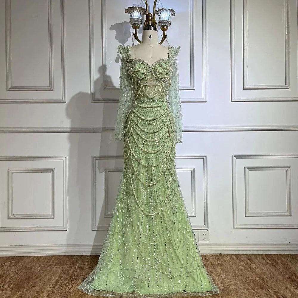 Serene Hill Arabic Sage Green Sweetheart Mermaid Pearls Beaded Luxury Dubai Evening Gown for Women's Party LA72660