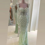 Serene Hill Arabic Sage Green Sweetheart Mermaid Pearls Beaded Luxury Dubai Evening Gown for Women's Party LA72660