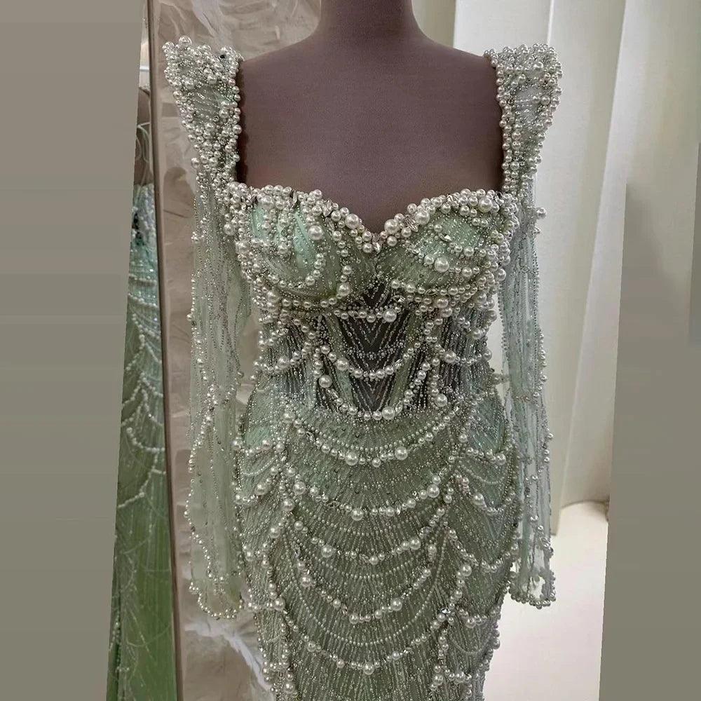 Serene Hill Arabic Sage Green Sweetheart Mermaid Pearls Beaded Luxury Dubai Evening Gown for Women's Party LA72660