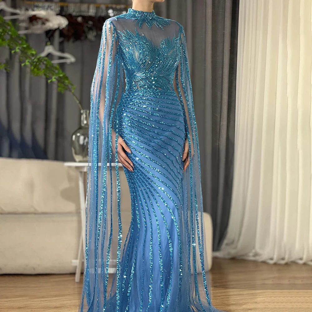 Luxury Dubai  Arabic Nude Mermaid Long Evening Dresses  With Cape