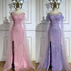 Serene Hill &nbsp;Pink Cape Sleeves Dubai Evening Gown Mermaid with Side Skirt Feathers Beaded Dress for Women's Party