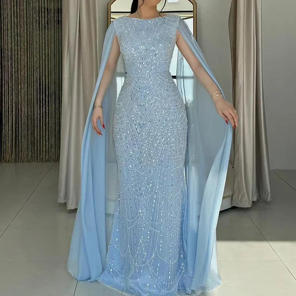 Serene Hill Saudi Arabia Blue Mermaid Cape Sleeve Luxury Beaded Evening Gown for Formal Occasion LA72160A