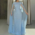 Serene Hill Saudi Arabia Blue Mermaid Cape Sleeve Luxury Beaded Evening Gown for Formal Occasion LA72160A