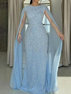 Serene Hill Saudi Arabia Blue Mermaid Cape Sleeve Luxury Beaded Evening Gown for Formal Occasion LA72160A