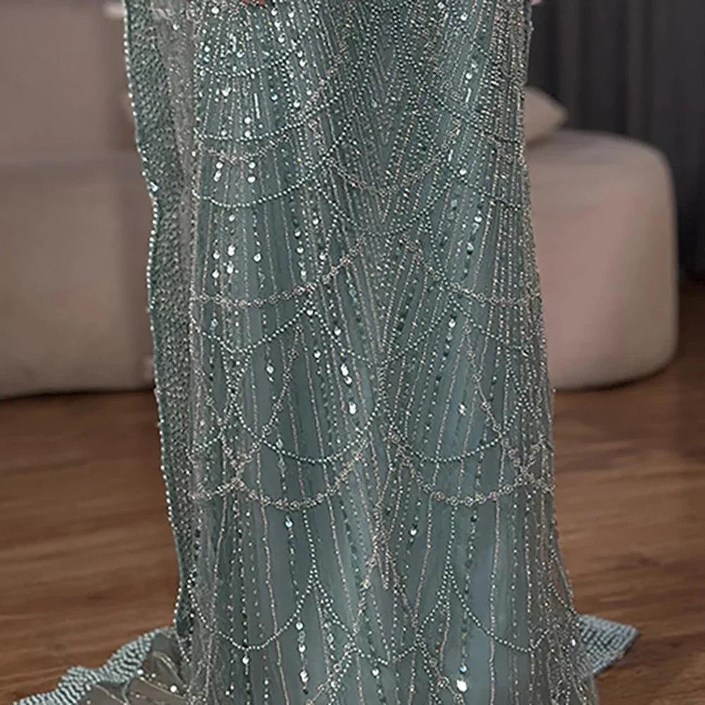 Serene Hill Saudi Arabia Blue Mermaid Cape Sleeve Luxury Beaded Evening Gown for Formal Occasion LA72160A