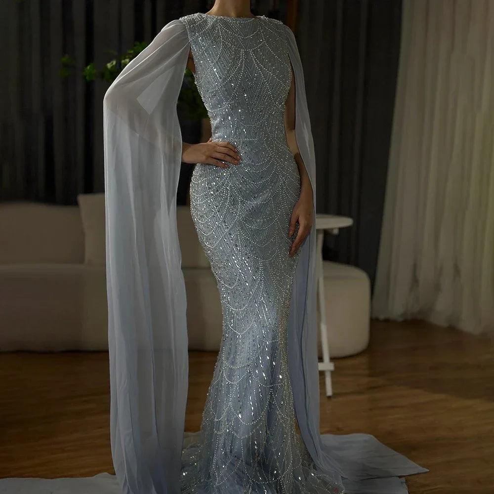 Serene Hill Saudi Arabia Blue Mermaid Cape Sleeve Luxury Beaded Evening Gown for Formal Occasion LA72160A
