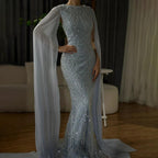 Serene Hill Saudi Arabia Blue Mermaid Cape Sleeve Luxury Beaded Evening Gown for Formal Occasion LA72160A