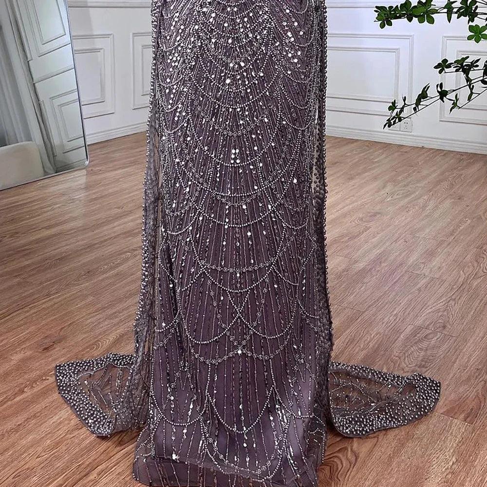 Serene Hill Saudi Arabia Blue Mermaid Cape Sleeve Luxury Beaded Evening Gown for Formal Occasion LA72160A