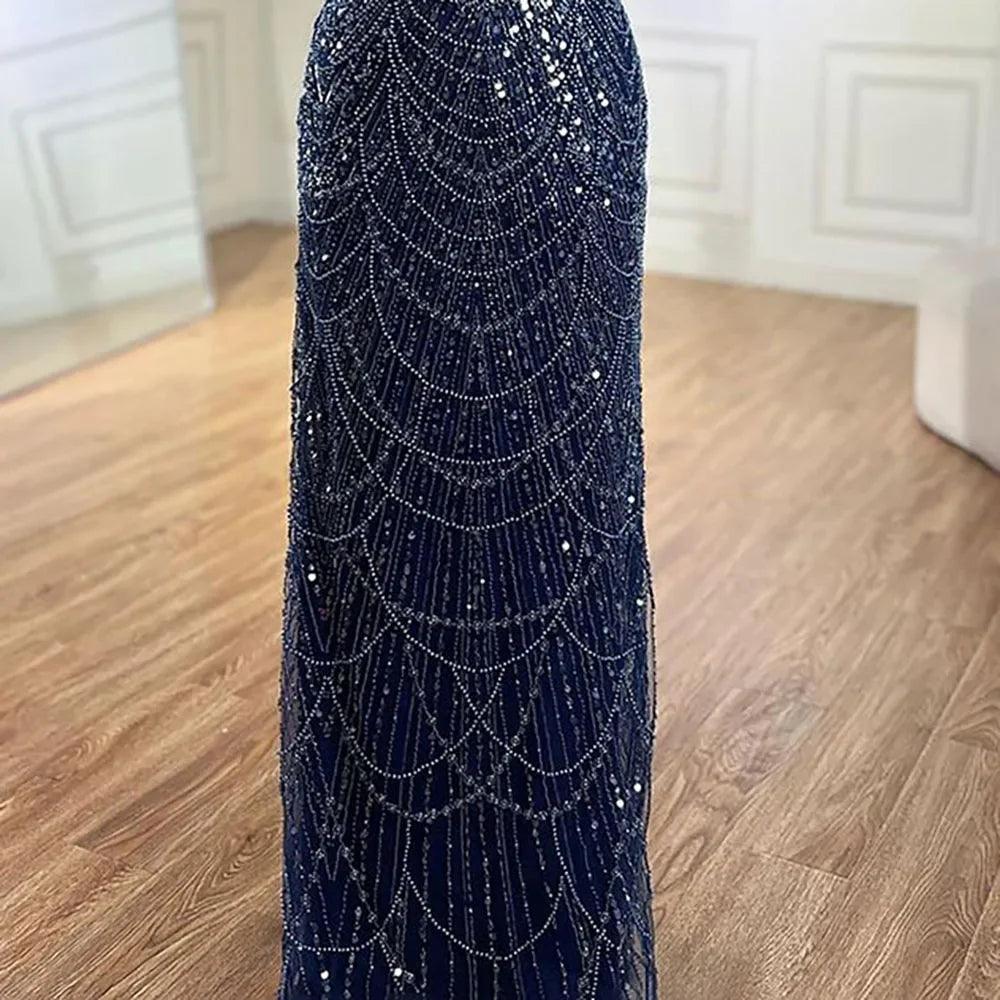 Serene Hill Saudi Arabia Blue Mermaid Cape Sleeve Luxury Beaded Evening Gown for Formal Occasion LA72160A