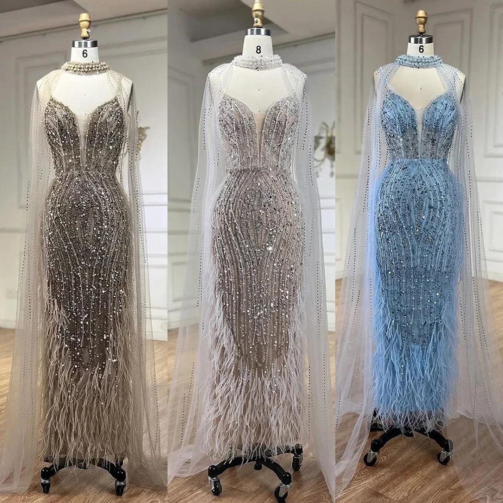 Serene Hill 2024 Weißes, nacktes Meerjungfrauen-Hochzeitskleid mit Perlen und Federn, luxuriöse Partykleider mit Cape-Ärmeln LA72047A 