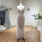 Serene Hill 2024 Weißes, nacktes Meerjungfrauen-Hochzeitskleid mit Perlen und Federn, luxuriöse Partykleider mit Cape-Ärmeln LA72047A 