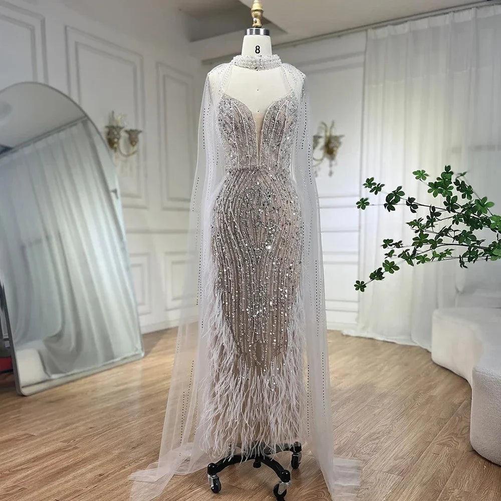 Vestido de fiesta de boda NumberSea-Serene Hill 2024, corte sirena, color  blanco nude, con plumas y cuentas, mangas estilo capa de lujo, LA72047A, image size:1000x1000