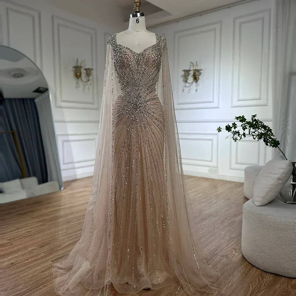Dubai Luxuriöses Abendkleid mit nackten Cape-Ärmeln und Perlen LA72575A