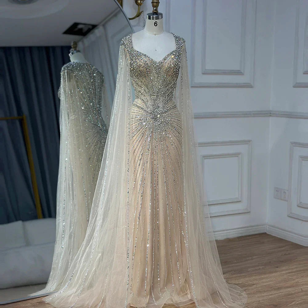 Dubai Luxuriöses Abendkleid mit nackten Cape-Ärmeln und Perlen LA72575A
