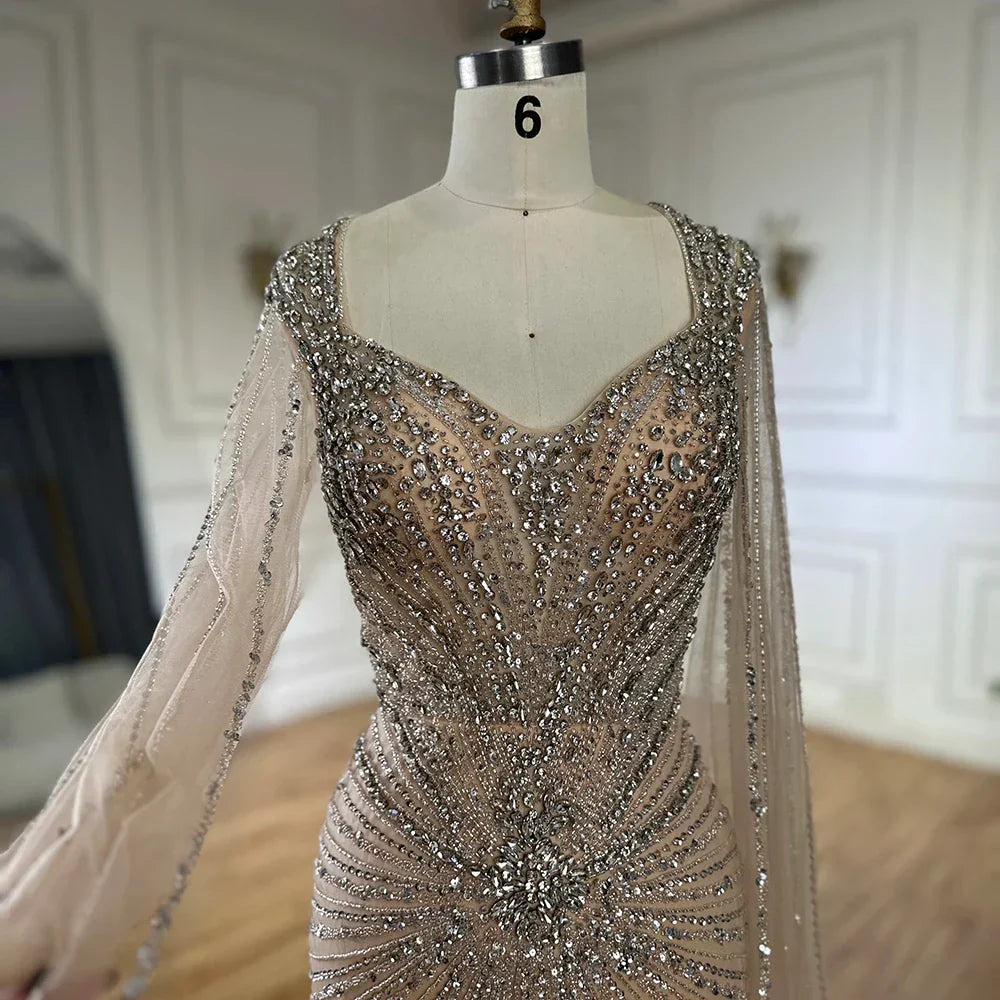 Dubai Luxuriöses Abendkleid mit nackten Cape-Ärmeln und Perlen LA72575A