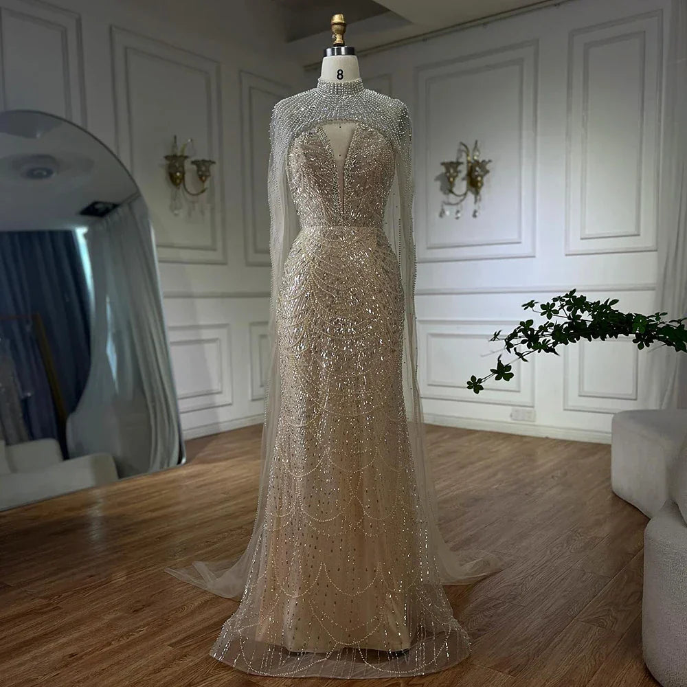 Luxuriöses Abendkleid Nude Perlen Bestickte Robe mit Tüllschleppe