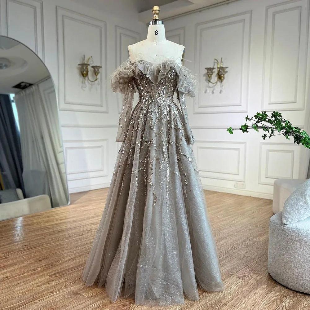 Serene Hill Arabia Caramel A-Line Elegant Beaded Feather Sparkle Evening Dresses Gowns For Woman Wedding Party 2024 LA71328A