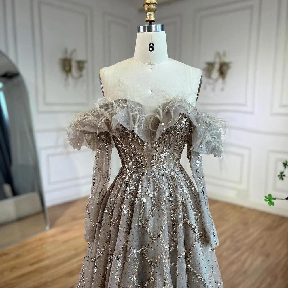 Serene Hill Arabia Caramel A-Line Elegant Beaded Feather Sparkle Evening Dresses Gowns For Woman Wedding Party 2024 LA71328A