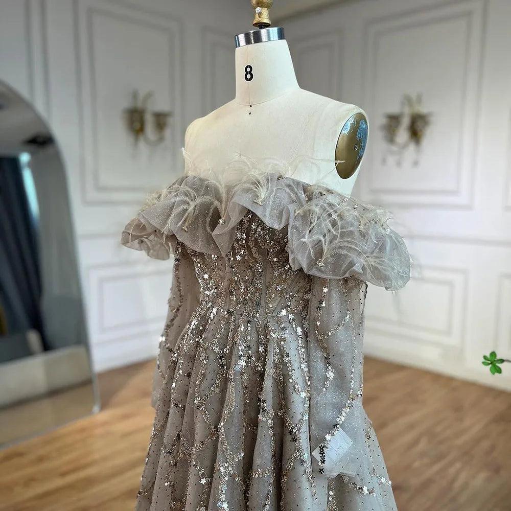 Serene Hill Arabia Caramel A-Line Elegant Beaded Feather Sparkle Evening Dresses Gowns For Woman Wedding Party 2024 LA71328A