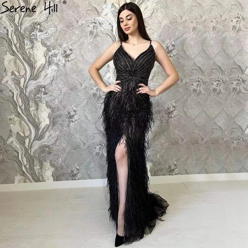 Serene Hill Arabic Black Spaghetti Strap Split Feathers Beaded Mermaid Evening Dresses Gownsfor Women Wedding Party 2024 LA70623