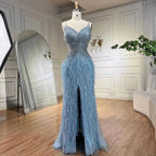 Serene Hill Arabic Black Spaghetti Strap Split Feathers Beaded Mermaid Evening Dresses Gownsfor Women Wedding Party 2024 LA70623