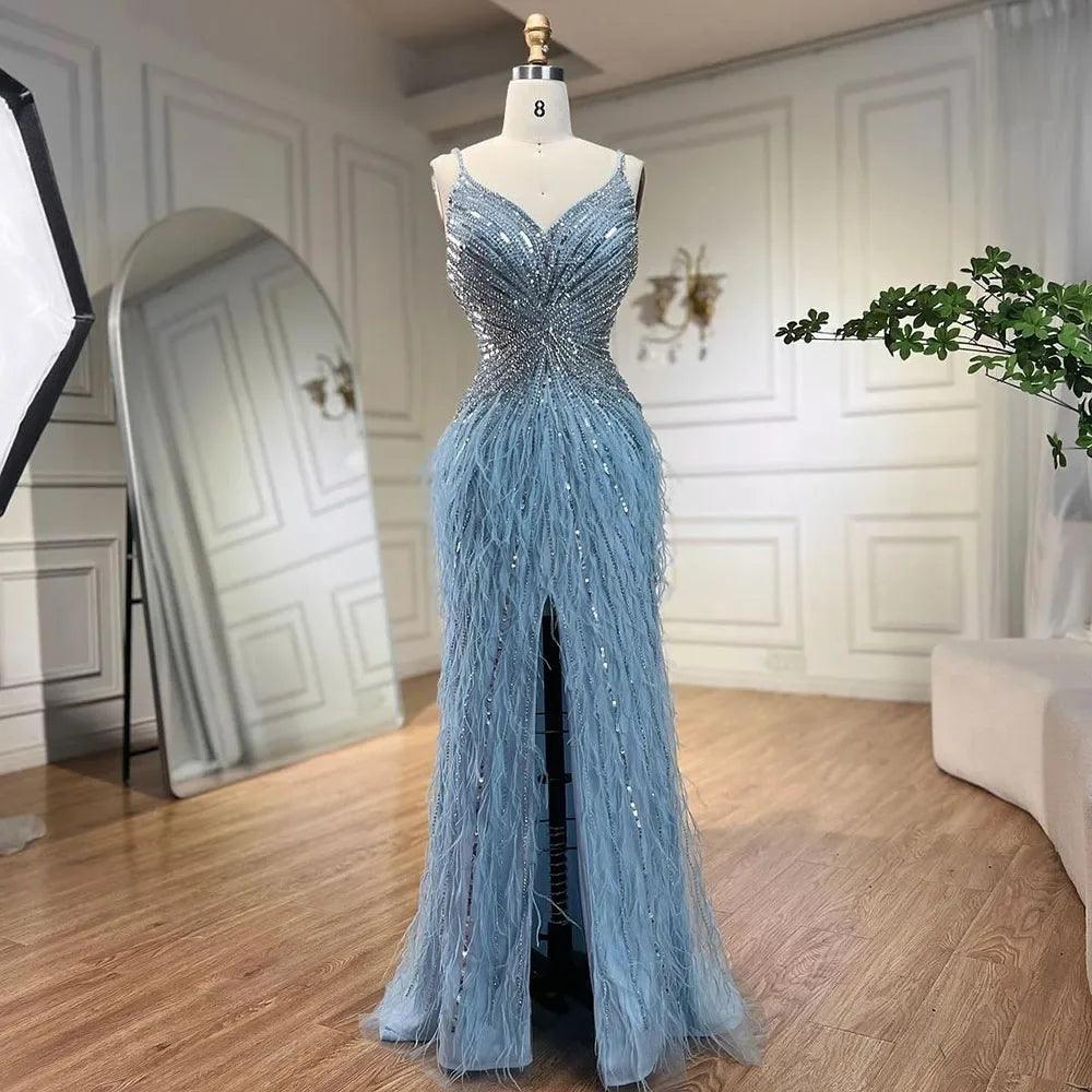 Serene Hill Arabic Black Spaghetti Strap Split Feathers Beaded Mermaid Evening Dresses Gownsfor Women Wedding Party 2024 LA70623